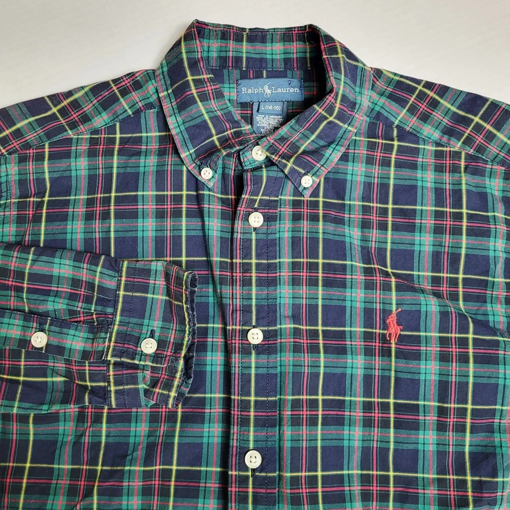 Ralph Lauren Large 14-16 Plaid Button Down Long Sleeve‎ Red Green Yellow Navy - Picture 7 of 8